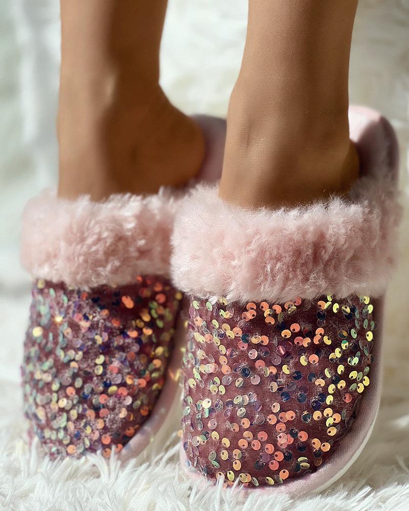 

Contrast Sequin Fuzzy Trim Slippers, Pink