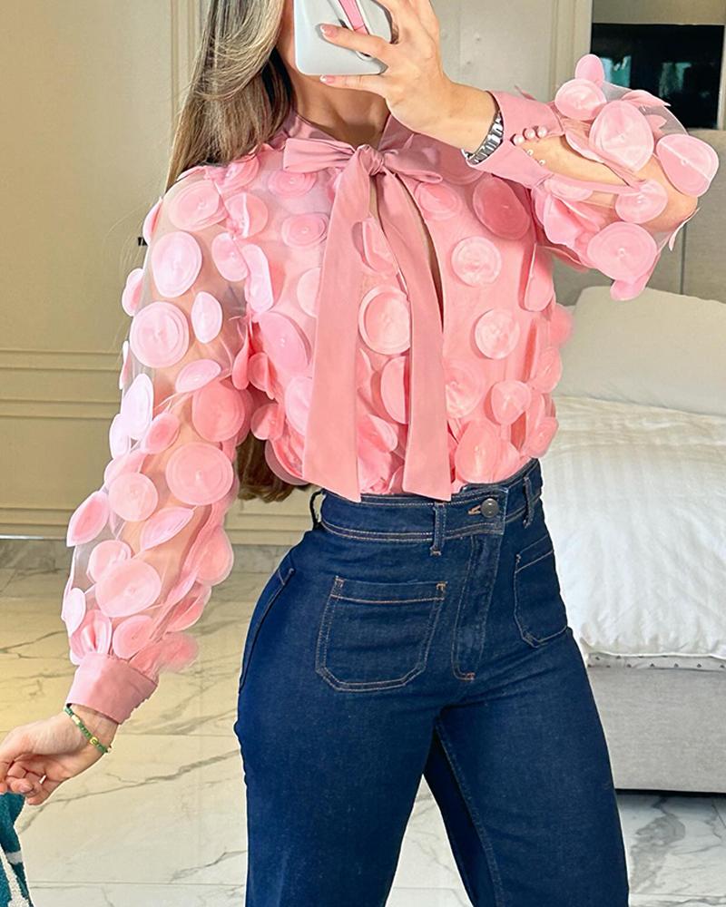 

Floral Pattern Tie Neck Sheer Mesh Patch Hollow Out Blouse Top, Pink