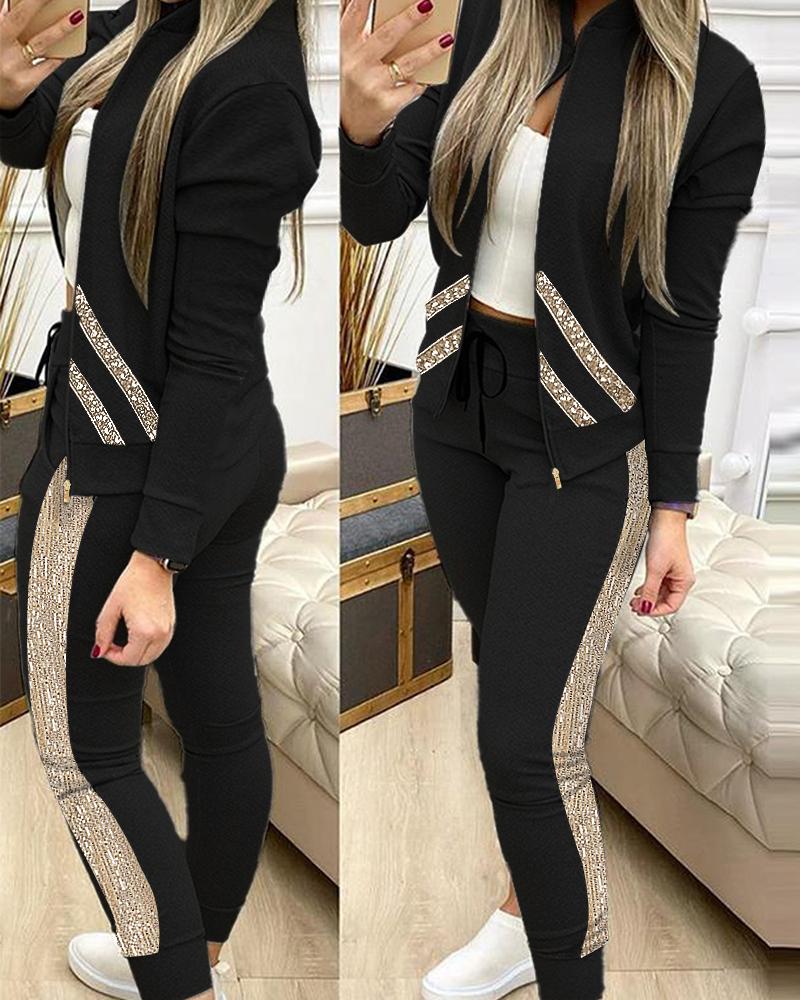 

Sequins Zipper Design Long Sleeve Coat & Drawstring Pants Set, Black
