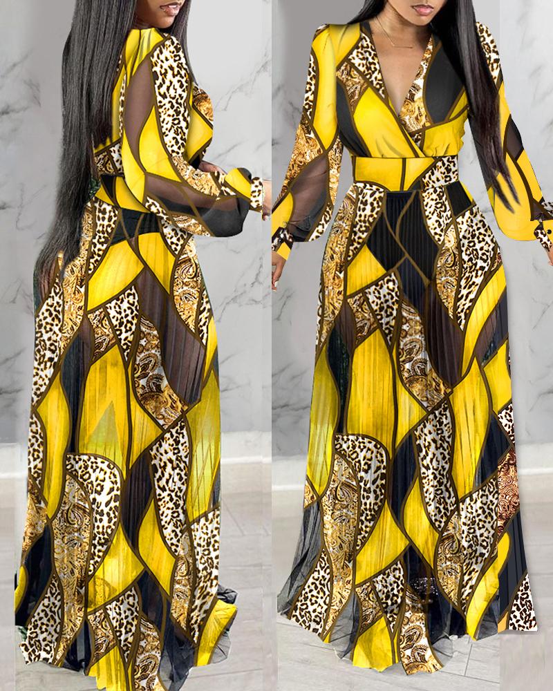 

Vestido longo de malha transparente com estampa de leopardo e manga lanterna, decote em V, elegante vestido de noite, Yellow