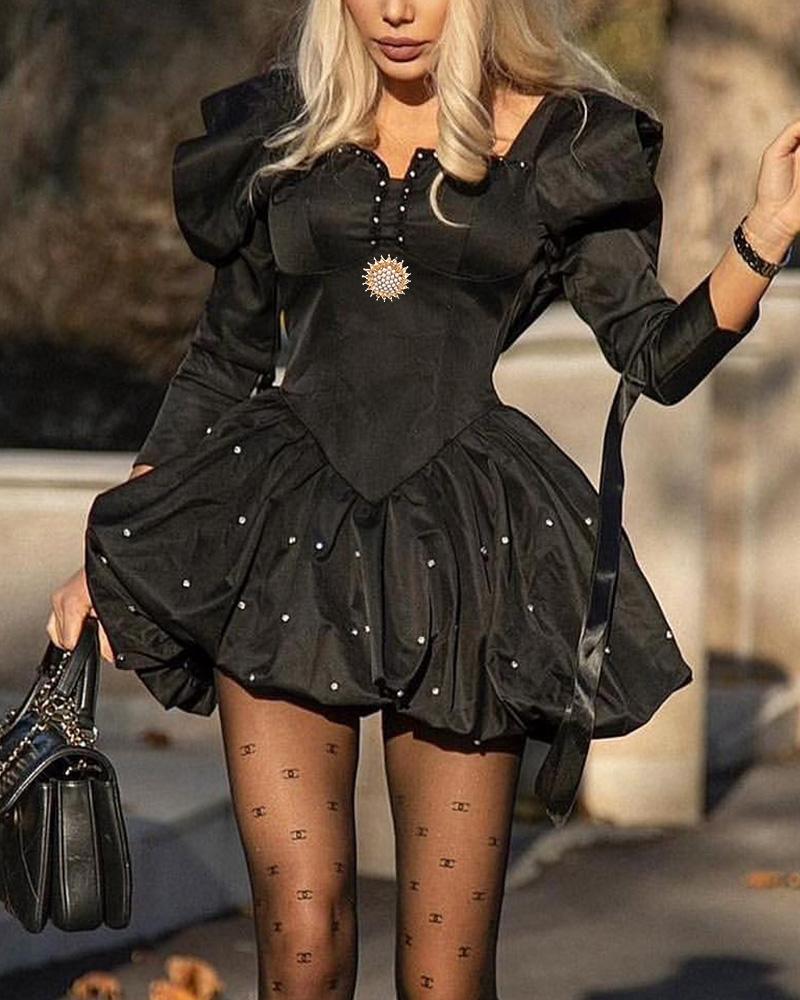 

Beaded Decor Badge Patch Puff Sleeve Party Dress, Black