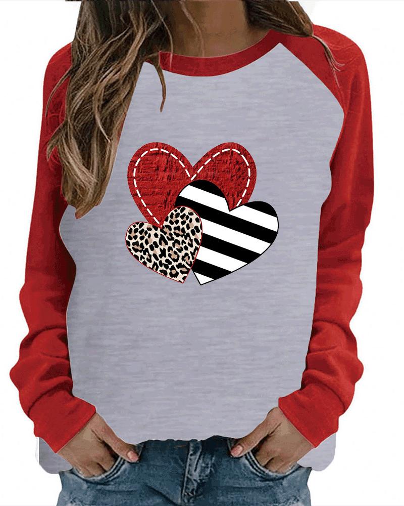 

Valentine' Day Long Sleeve Striped Heart Cheetah Print Top, Gray