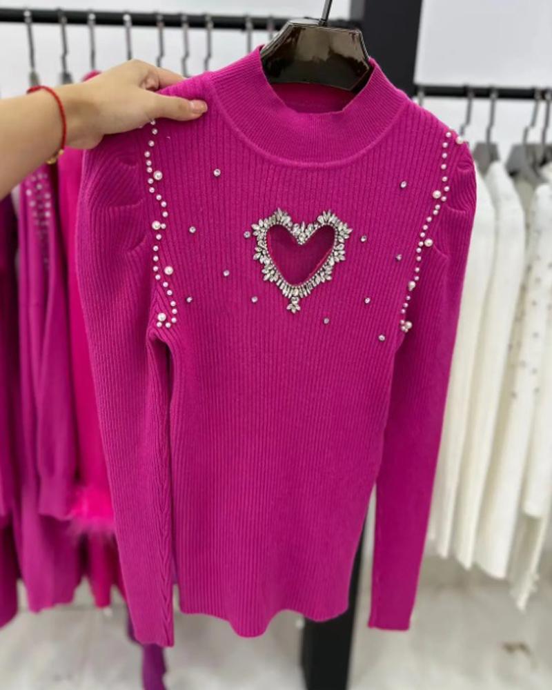 

Rhinestone Hollow Heart Knit Sweater, Hot pink