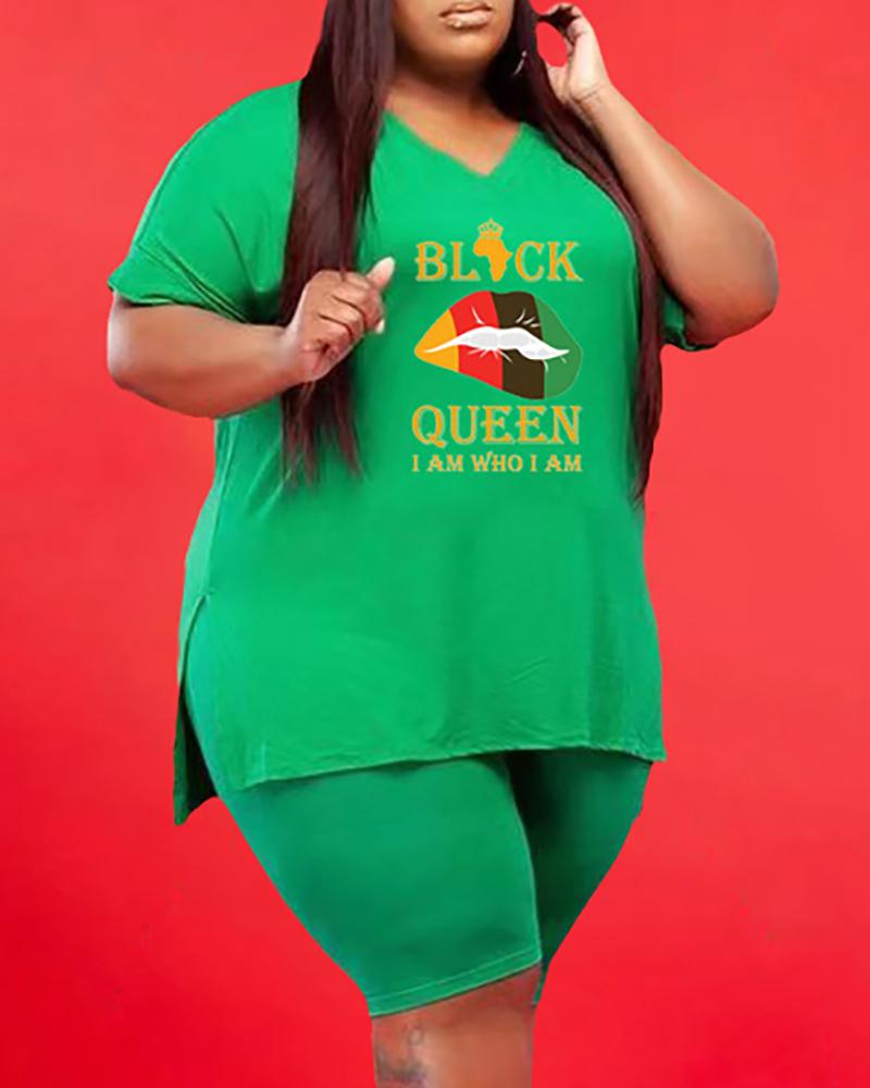 

Plus Size Letter Print V Neck Top & Shorts Set, Green