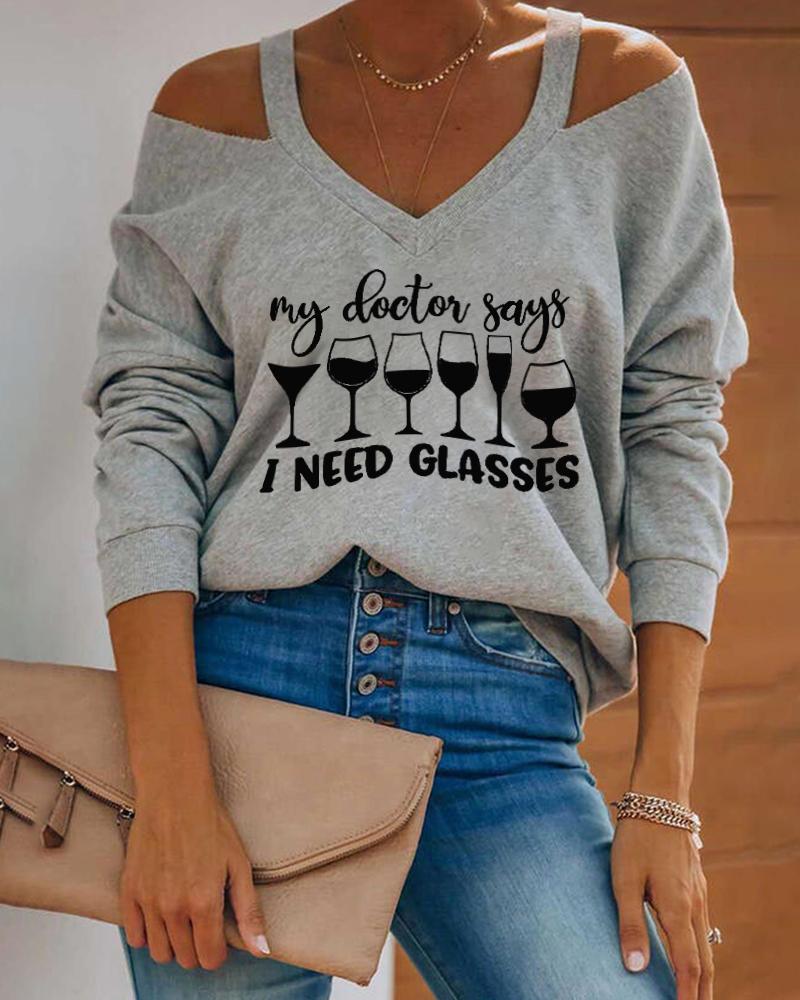

Wine Glass Letter Print Cold Shoulder Casual Top, Gray