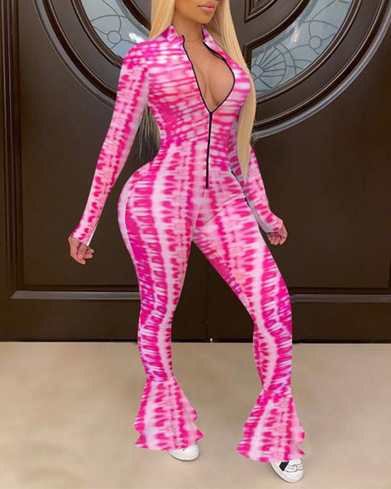 

Retro Long Sleeve Skinny Fish Hem Tail Jumpsuit, Hot pink