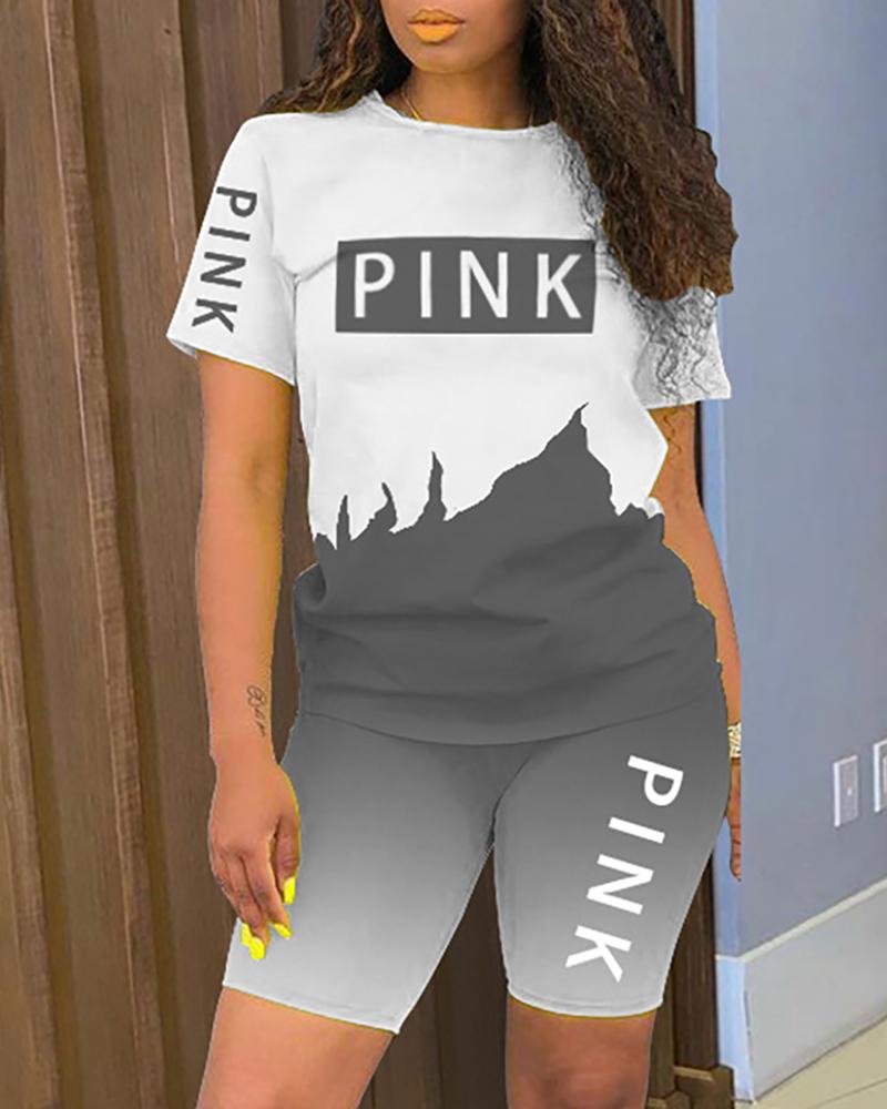 

Letter Print Colorblock Short Sleeve Active Sets, Gray