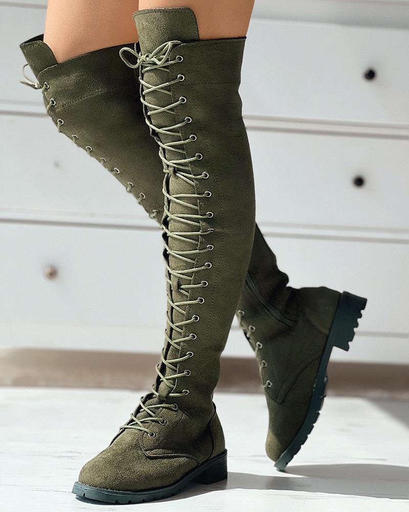 

Eyelet Lace-up Over The Knee Boots, Army green