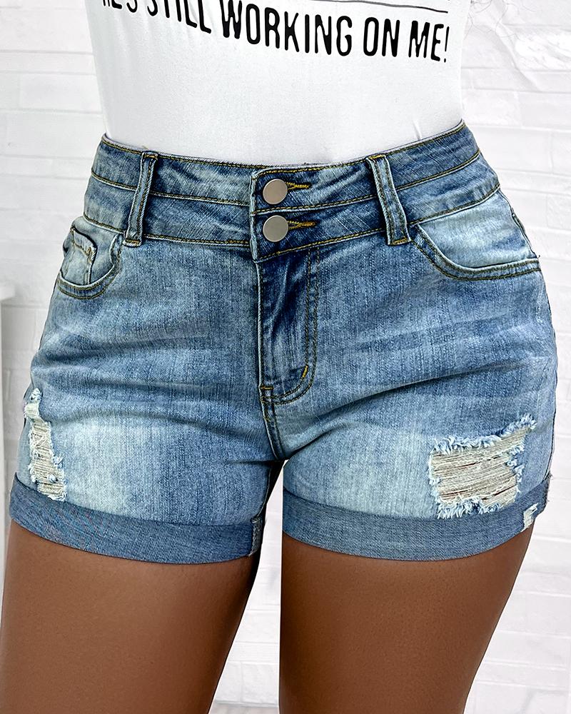 

High Waist Ripped Denim Shorts, Blue