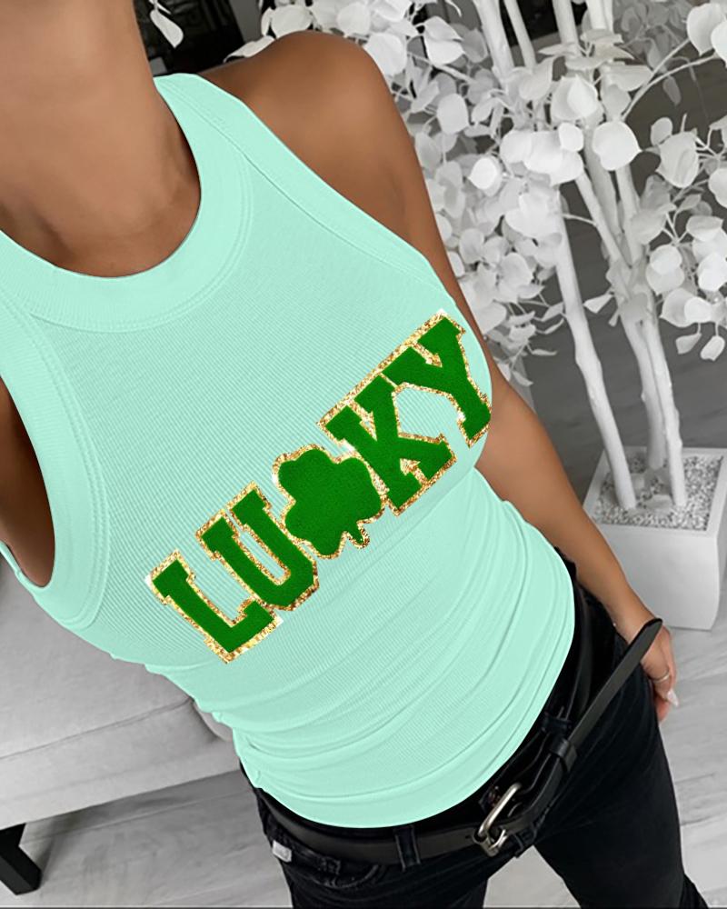 

St. Patrick' Day Lucky Shamrock Print Casual Tank Top, Green