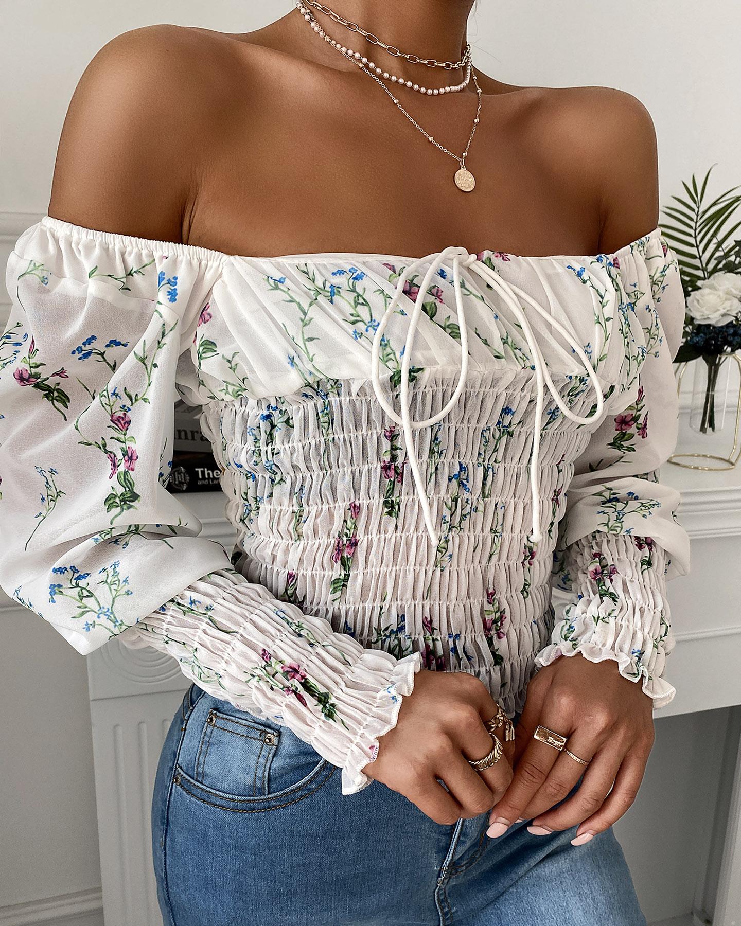 

Gigot Sleeve Floral Print Shirring Detail Tie Front Top, White