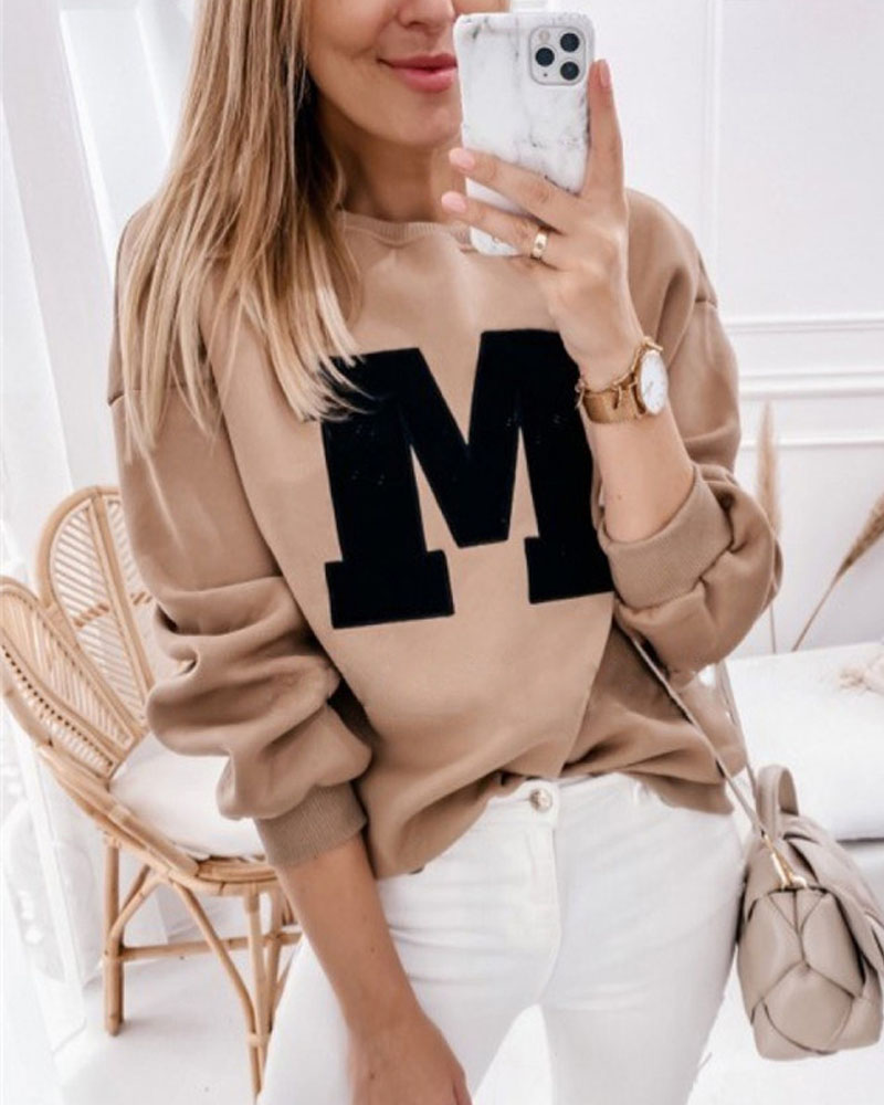 

Letter Embroidery Drop Shoulder Sweatshirt, Dark khaki