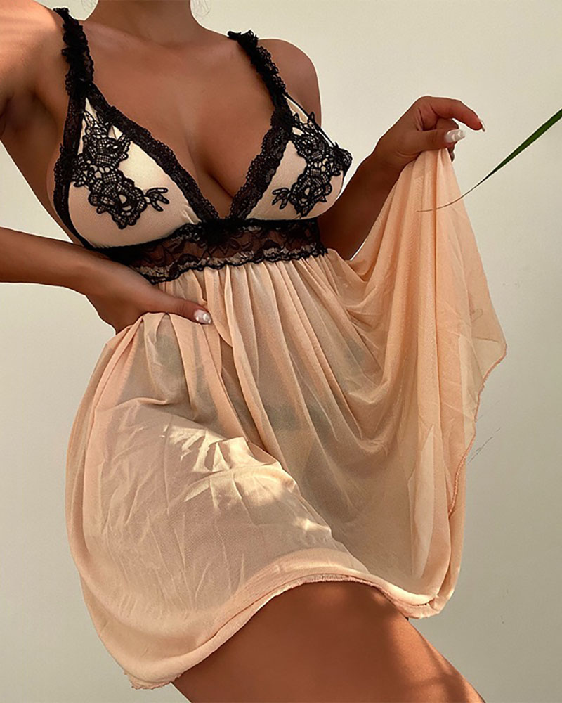 

Lace Patch Plunge Mesh Nightgown, Apricot