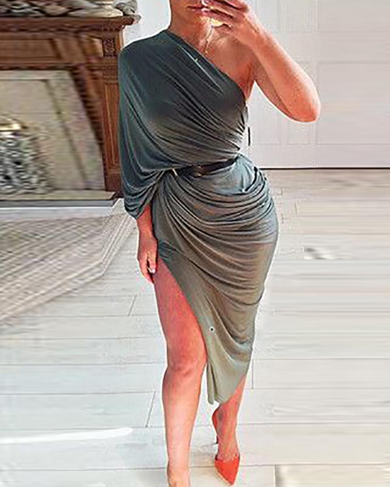 

One Shoulder Ruched High Slit Party Dress, Army green