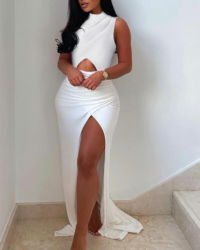 

Solid Cut-Out Ruched Split Thigh Maxi Dress, White