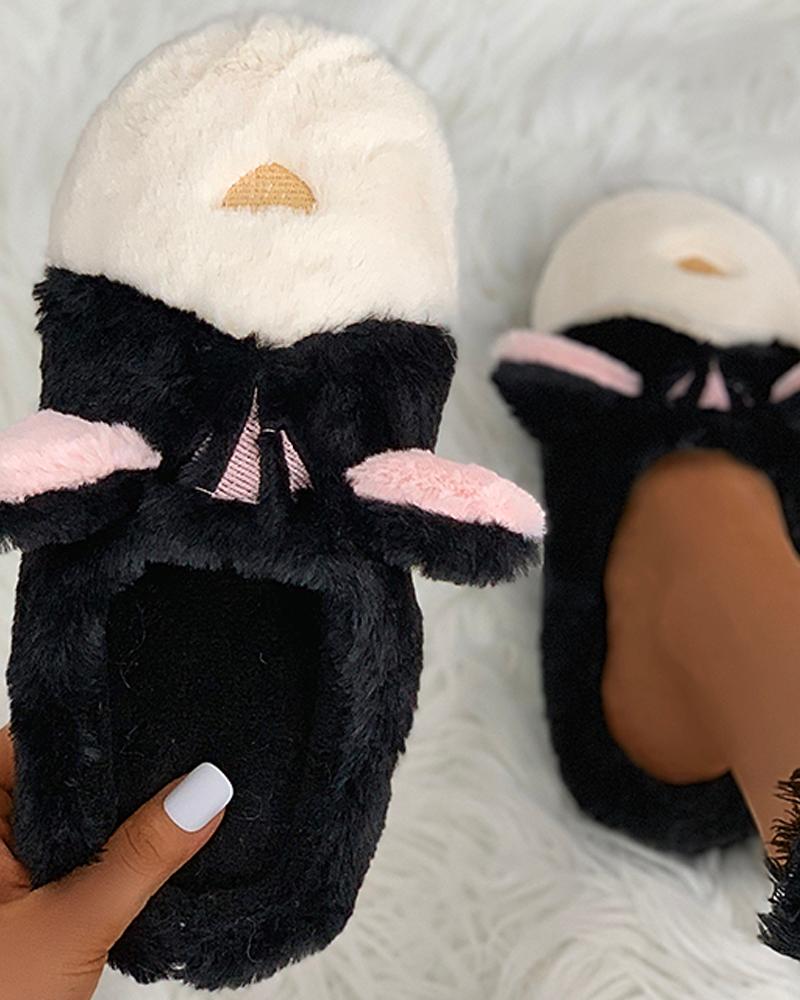 

3D Ear Cartoon Design Fluffy Slippers, Black