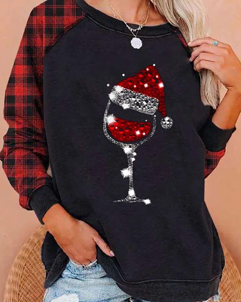 

Christmas Plaid Wine Glass Print Long Sleeve Top, Black