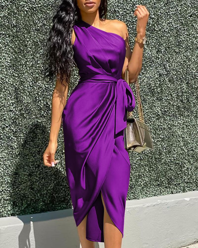 

One Shoulder Ruched Slit Dress, Purple