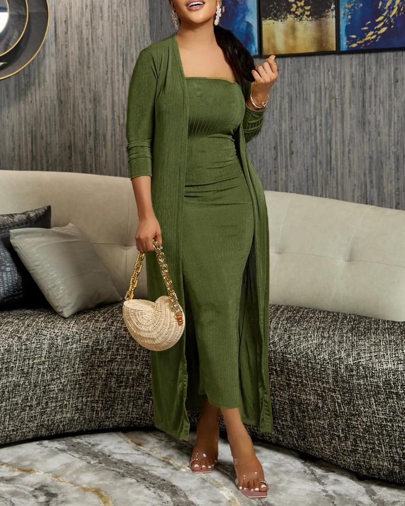 

Plain Bandeau Dress With Longline Coat, Green