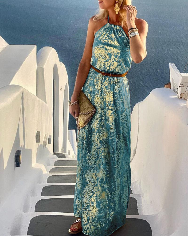 

Metallic Design Sleeveless Halter Maxi Dress, Green