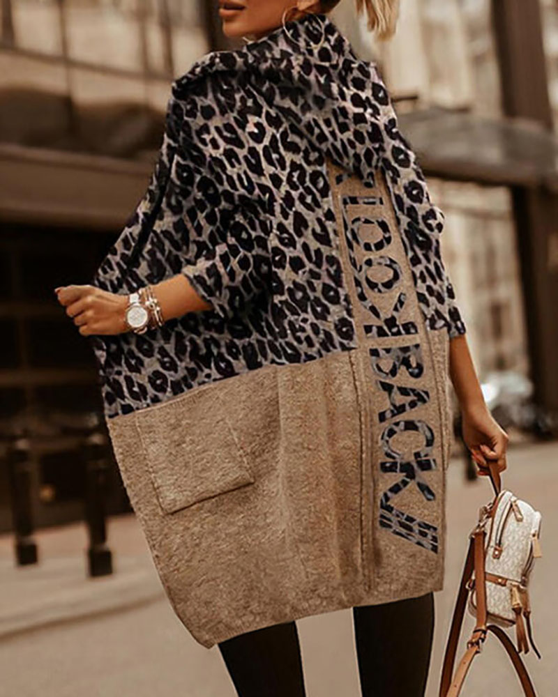 

Colorblock Cheetah Letter Print Pocket Design Hooded Coat, Brown