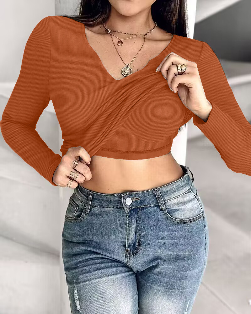 

Built-in Self Bra Long Sleeve V-neck Shirts Rib-Knit Ruched Details Top, Orange