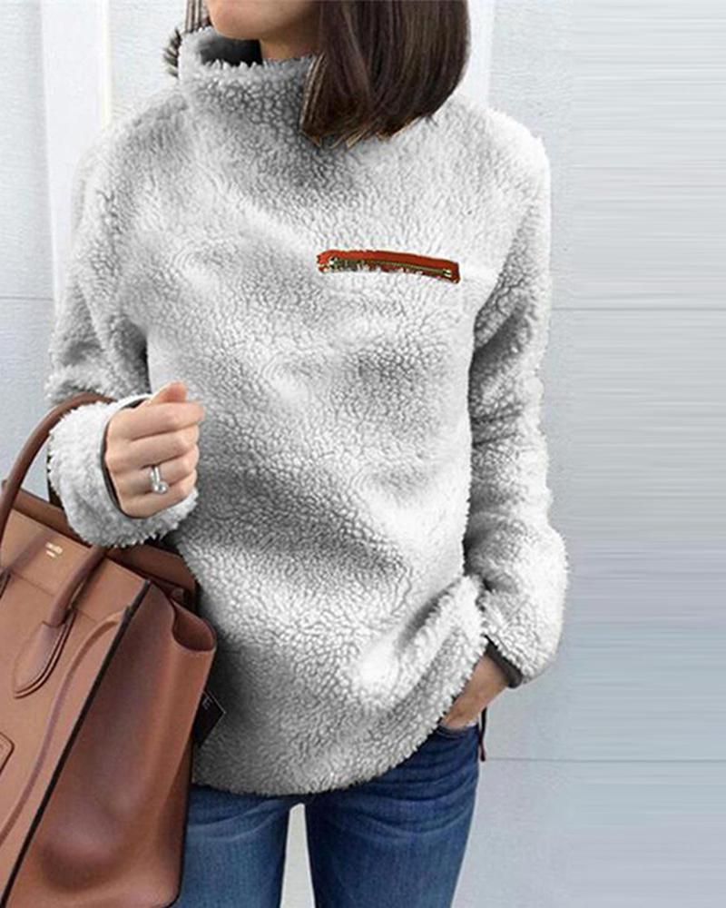 

Solid Turtleneck Pullover Fleece Loose Sweatshirt, Gray