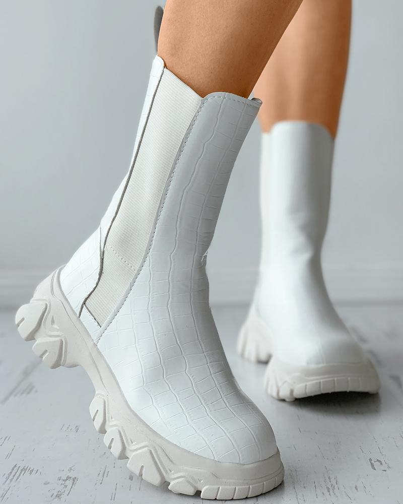 

Zipper Design Knit Patch Flatform Ankle Boots, White