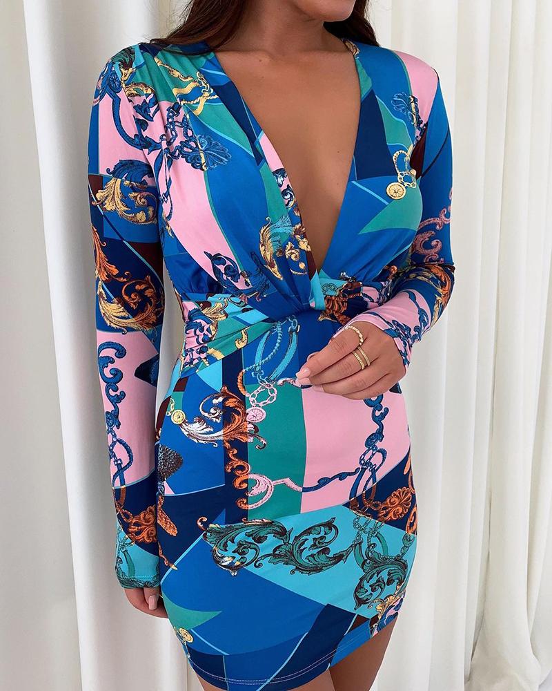 

Baroque Print Plunge Long Sleeve Bodycon Dress, Blue