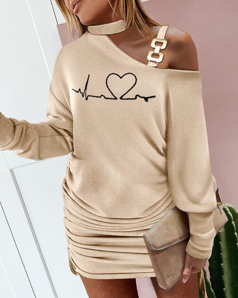 

Heart Print Cold Shoulder Drawstring Long Sleeve Dress, Apricot