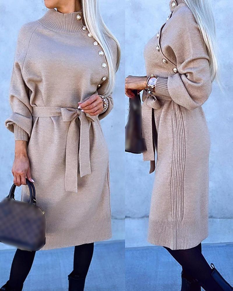 Tied Detail Buttoned Longline Knit Sweater Jumper Dress