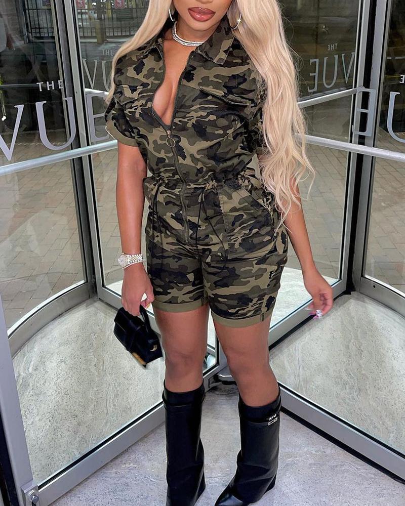 

Camouflage Print Pocket Zipper Decor Romper, Camoflage