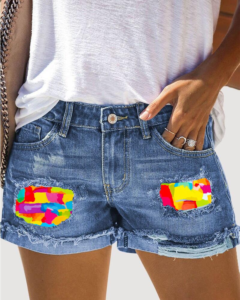 

Melting Colors Print Patchwork Ripped Denim Shorts, Blue