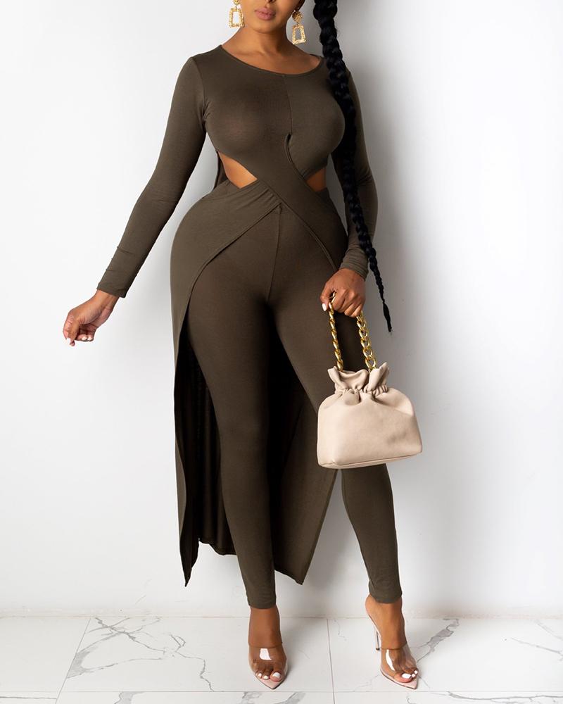 

Solid Cutout Asymmetrical Top & Pants Set, Dark green
