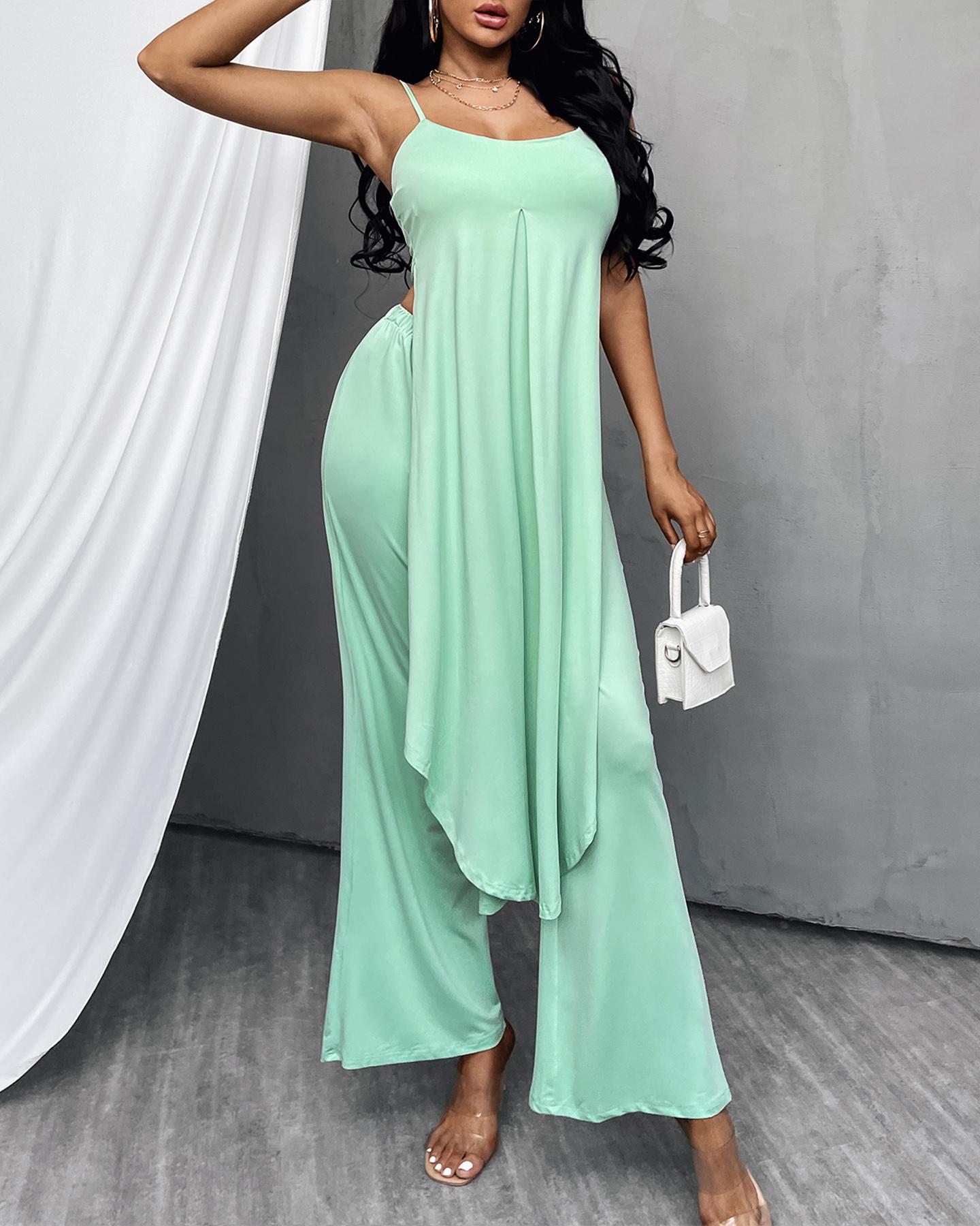 Spaghetti Strap Ruffles Asymmetrical Jumpsuit