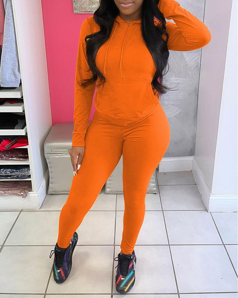 

Pocket Design Long Sleeve Hooded Top & Pants Set, Orange