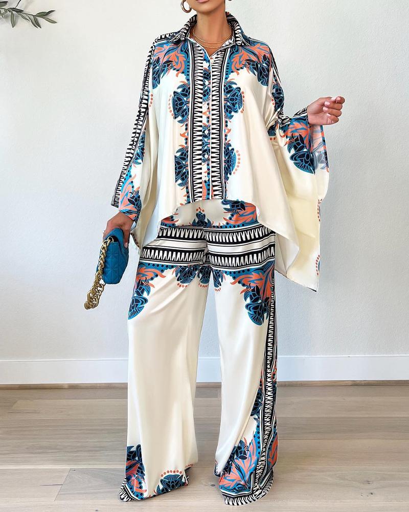 

Tribal Print Dip Hem Buttoned Top & Pants Set, Beige