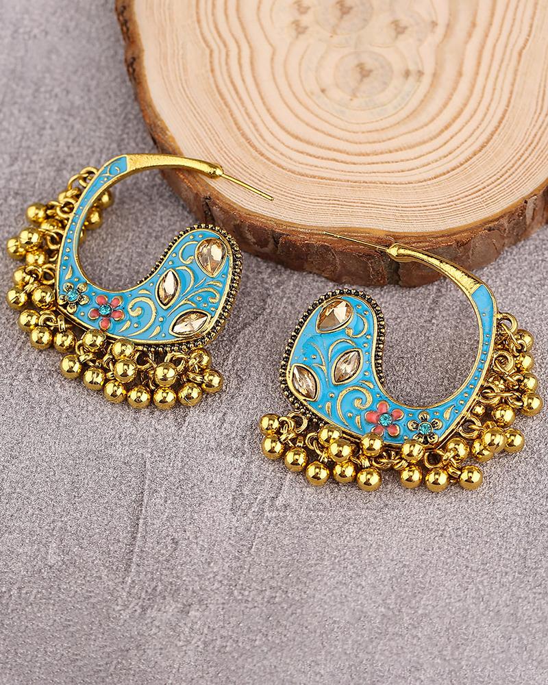 

1Pair Bohemian Paisley Shaped Beaded Tassel Earrings, Blue
