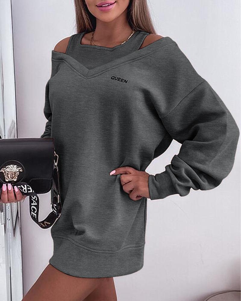 

Queen Print Fake Two-Piece Long Sleeve Casual Dress, Dark grey