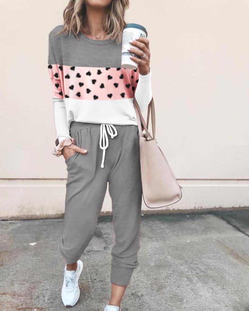 

Colorblock Heart Pattern Top & Pant Sets, Gray