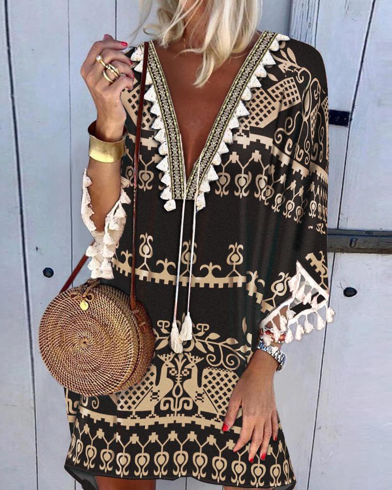 

Retro Tribal Print Tassel Decor Casual Dress, Black