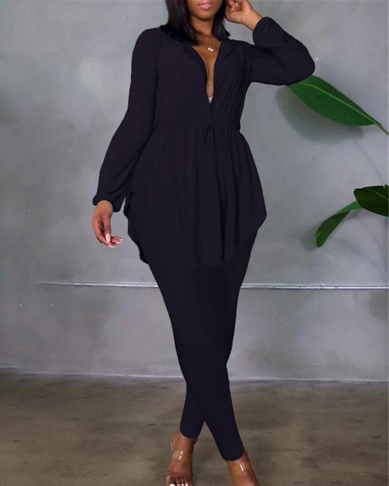 

Drawstring Ruched Long Sleeve Top & Pants Set, Black