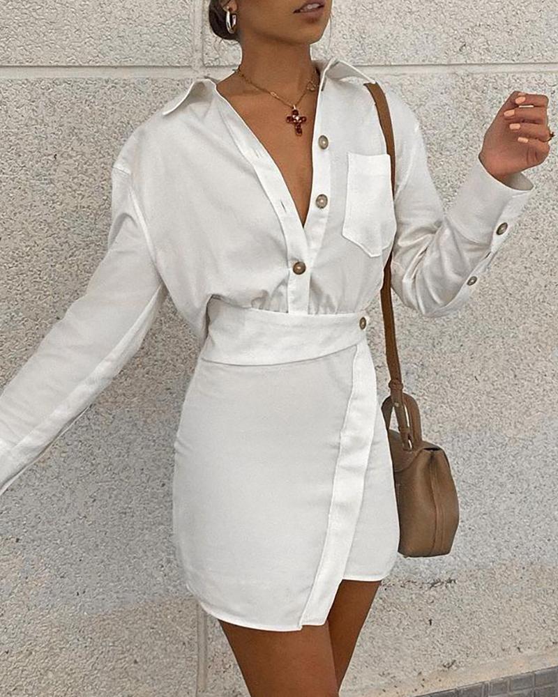 

Button Design Long Sleeve Shirt & Skirt Set, White