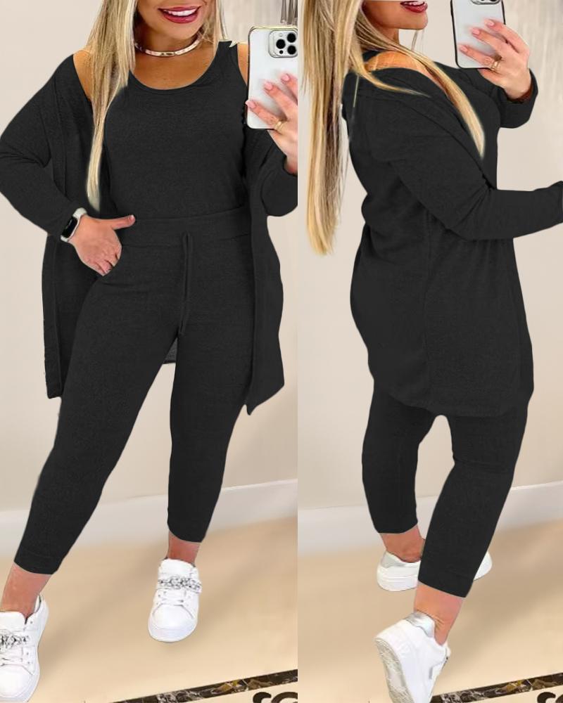 

Plus Size Round Neck Tank Top & Drawstring Pants Set With Coat, Black