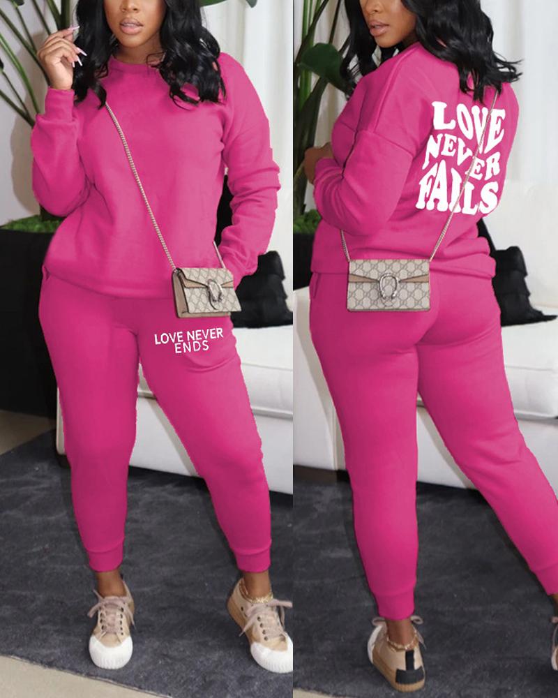 

Letter Print Long Sleeve Casual Top & Pants Set, Hot pink