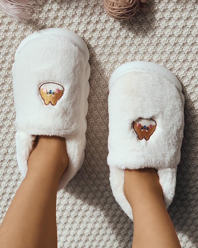 

Cartoon Dog Embroidery Fluffy Casual Slide Slippers, White