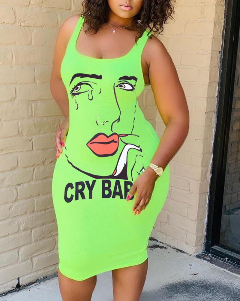 

Figure Letter Print Sleeveless Bodycon Dress, Green