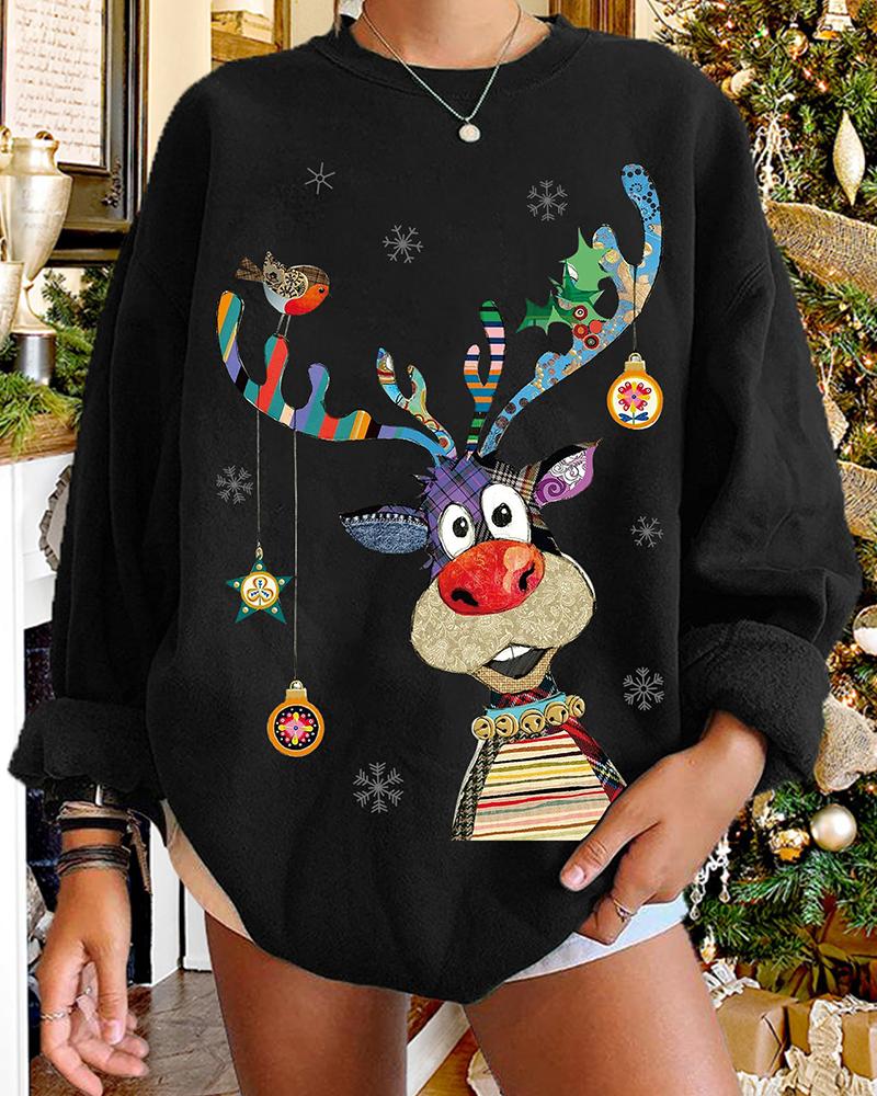 

Christmas Round Neck Reindeer Print Sweatshirt, Black