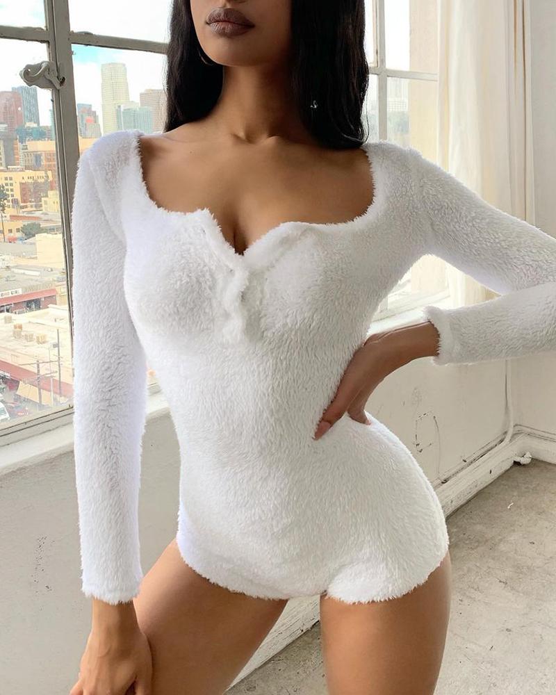 

Fluffy Button Design Long Sleeve Romper, White