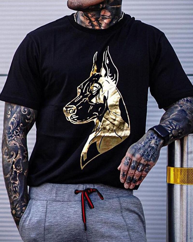 

Metallic Dog Print Short Sleeve Loose T-shirts, Black